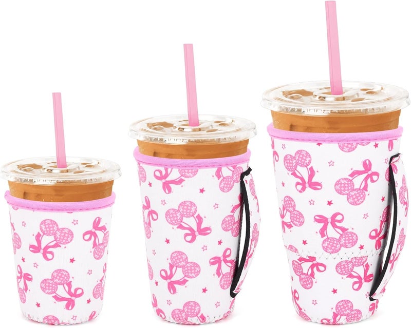 Snowso 3 Pack Iced Coffee sleeve Insulated Neoprene Cup Sleeves with handle For Cold Drinks Beverages, Reusable Cup Holder for 16oz-32oz Coffee Cups (Disco Cherries) - Image 1